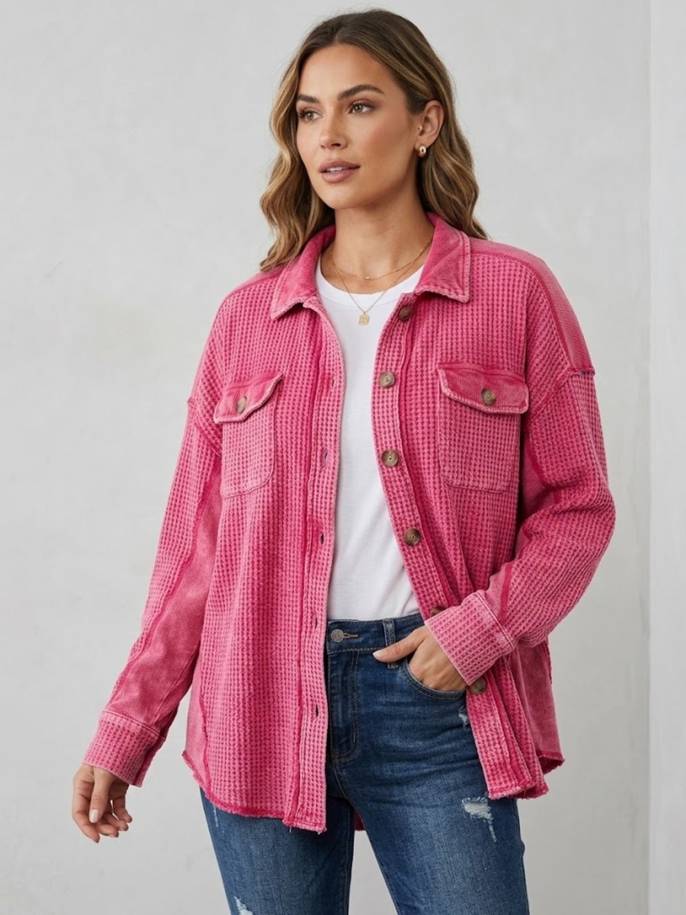 Zenana Pink Waffle-Knit Shacket with Button Front